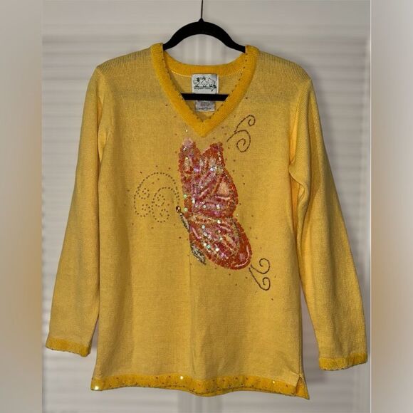 The Quacker Factory Sequined Butterfly‎ Beaded Yellow V-Neck Sweater Size XS - Picture 1 of 9
